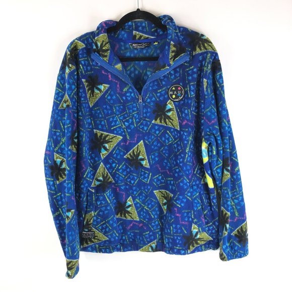 Maui and Sons Mens Blue Palm Print Geometric 1/4 Zip Fleece Pullover Top Size M - Picture 1 of 4
